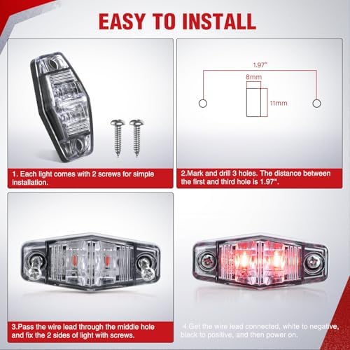 Nilight 2.5" Oval Side Marker Light, White Lens Red LED,Waterproof