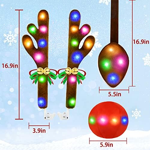 Christmas Car Decorations Reindeer Car Kit Antlers with Lights, Jingle Bells Rudolph Reindeer and Nose, Tail Cute Costume Auto Accessories for Trunk Vehicles SUV Antenna Toppers Multicolor - Image 5