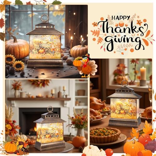 Fall Snow Globe Lantern Thanksgiving Pumpkins Spinning Water Lantern with Swirling Glitter 6H Timer Remote Control Fall Decorations for Home Thanksgiving Autumn Harvest (Pumpkin Wagon) - Image 7
