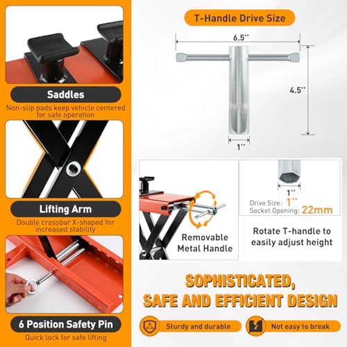 Nilight Motorcycle Lift 1100 LBS ATV Scissor Jacks with Saddle Safety Pin Crank Handle 3.7"-15.7" Hoist Stand Heavy Duty Steel Lifter Jack for Motorcycles Dirt Bike Garage Storage Repair Tool, Orange - Image 4