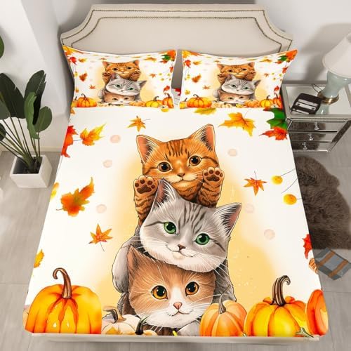 Erosebridal Kids Cute Cats Fitted Sheet Set Full Fall Pumpkin Maple Leaf Bed Sheets for Girls Boys,Autumn Thanksgiving Bedding Sets,Happy Fall Decorations Flat Sheet for Home 2 Pillow Cases - Image 2