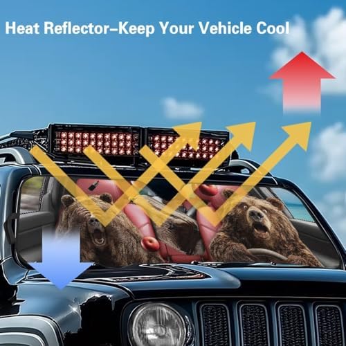 Renewold Car Windshield Sunshade Vehicles Front Window Sun Blocker Visor Suitable for Jeep Wrangler JK JKU JL JLU 1997-2023 Jeep Gladiator JT Sun Shade Foldable Cover Shield Funny Brown Bear Driving
