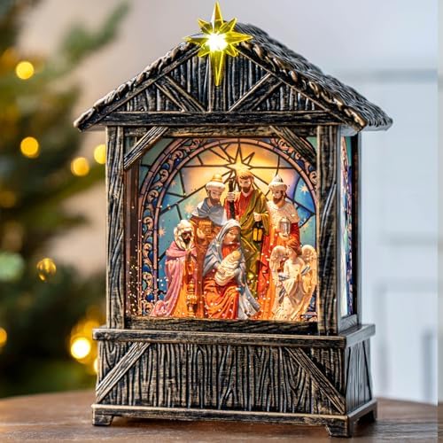 Christmas Snow Globe Lantern Water Glittering Nativity Manger with Star, USB Lined/Battery Operated Lighted Lantern for Christmas Festival Decoration Gifts by Qualdout