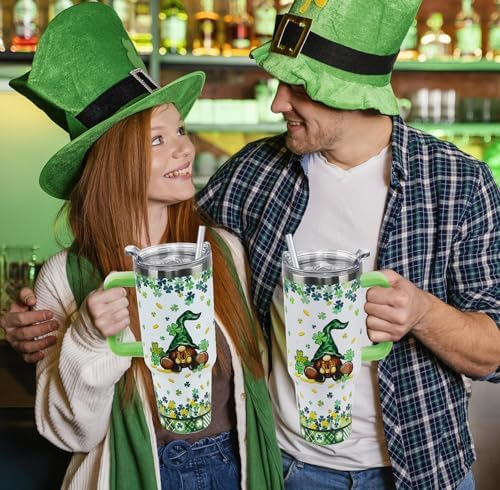 St Patricks Day Tumbler with Handle 40 oz Lucky Gnomes Shamrock Coffee Travel Mug Stainless Steel Insulated Cup Irish Saint Patricks Decor Gifts - Image 7
