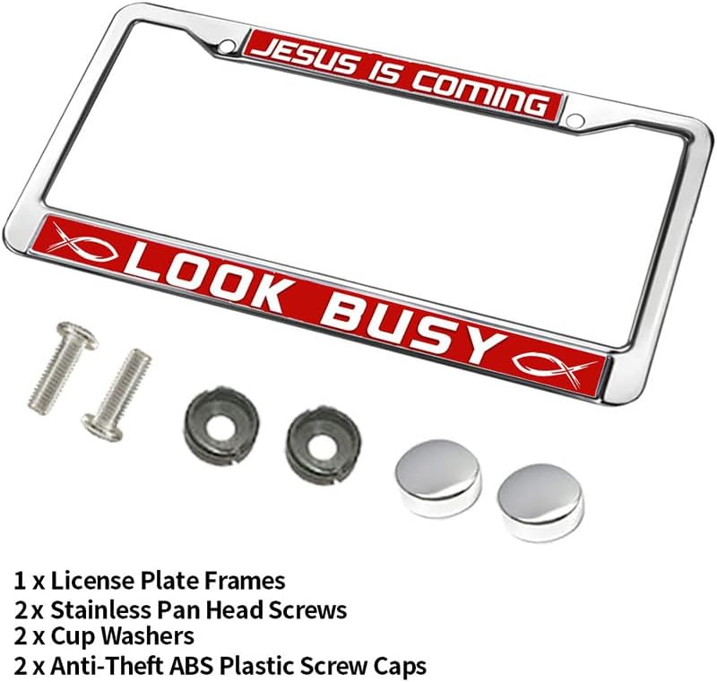 Jesus is Coming License Plate Frame Anti-Theft Christ Fish Power Stainless Steel License Plate Frame Jesus is the Way License Plate Frame for Patriotic People with Screws Caps