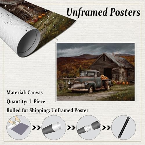 Vintage Truck with Pumpkins Wall Art – Rustic Fall Barn Landscape Canvas,Country Farmhouse Poster for Thanksgiving Entryway or Autumn Living Room Decor 24x36in Unframed - Image 2