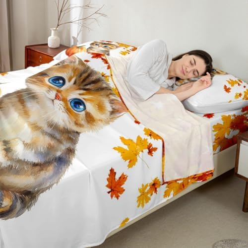 Cute Pumpkin Cat Bed Sheets King Kawaii Watercolor Cat Sheet Set For Kids Boys Girls Autumn Fall Maple Leaf Bedding Thanksgiving Harvest Seasonal Fitted Sheet Orange White Flat Sheet 2 Pillow Cases by Erosebridal
