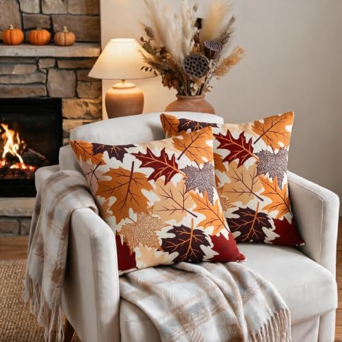 Fall Leaves Pillow Covers 16x16 Set of 2, Maple Leaf Autumn Harvest Thanksgiving Decorative Throw Pillow Cases Holiday Outdoor Seasonal Farmhouse Decor for Sofa Couch Bed - Image 3