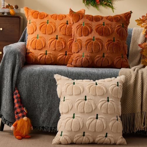 DFXSZ Fall Pillow Covers 20x20 2Pcs Beige Green Pumpkin Fall Decorations - Image 4