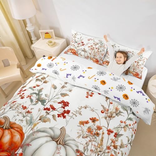 Erosebridal Fall Pumpkin Comforter Cover for Kids, Harvest Thanksgiving Bedding Set King Size Autumn Flower Leaf Duvet Cover for Teens Adult, Rustic Farmhouse Country Quilt Cover,2 Pillow Cases - Image 2