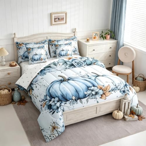 Erosebridal Fall Blue Pumpkin Bedding Set Watercolor Maple Eucalyptus - Image 3