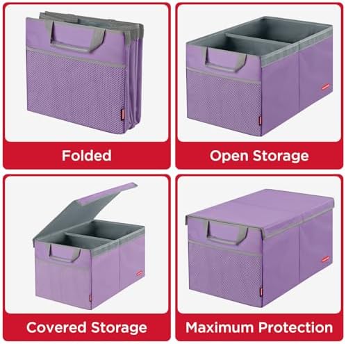 Rubbermaid Car Organizer, Collapsible Trunk Organizer, Multi-Compartment Car Storage Organization for Car Accessories, 2 Compartments With Cover, 21.65"*14.17"*12.2" - Purple