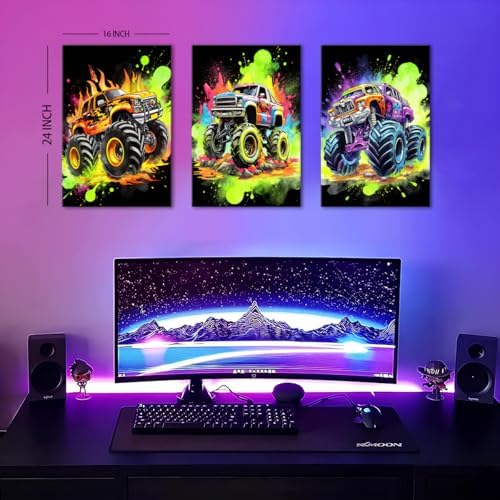 Graffiti Monster Truck Wall Art Funny Car Canvas Prints Pictures Kids Bedroom Wall Decor Cool Watercolor Hot Wheels Monster Supercar Poster Artwork for Boys Gamer Men Dorm Decorations 16x24"x3P - Image 3