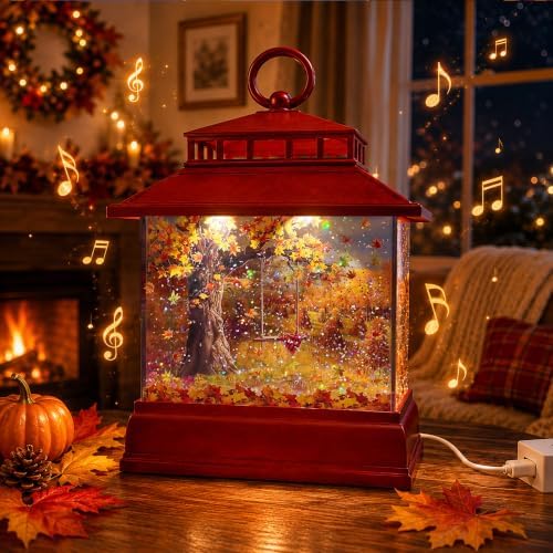 Fall Snow Globe Lantern, Musical Glitter, 6 Hour Timer, Autumn Home Decor by Xyvoxme