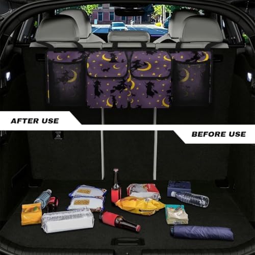 Hanging Car Trunk Organizer Halloween Witch Moon Star Print Car Back Seat Storage Bag Auto Cargo Bag Collapsible Auto Interior Accessories for Sedans SUV Jeep Trucks MPV Van