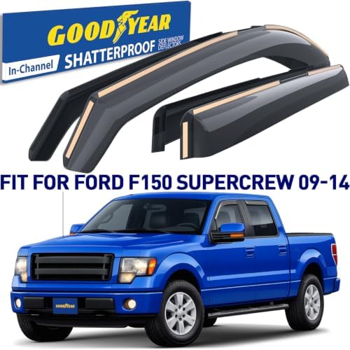 Goodyear Shatterproof in-Channel Window Deflectors for Trucks Ford F-150 2009-2014 SuperCrew, Rain Guards, Window Visors for Cars, Vent Deflector, Truck Accessories, 4 pcs- GY003405LP