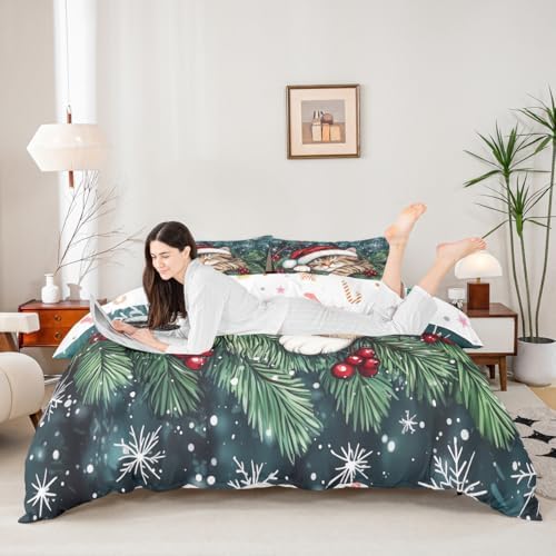 Manfei Cute Cat Kids Duvet Cover Set Queen Size,Winter Holly Berries Snowflake Girls Boys Bedding Set,Animal Merry Christmas Poinsettia Room Decor,Dark Green Quilt Cover,2 Pillowcases(No Comforter) - Image 2