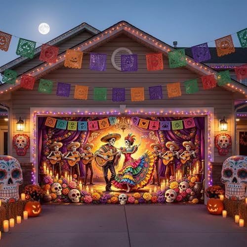 Day of The Dead Garage Door Cover 8x6ft Sugar Skull Dancing Halloween Decor - Image 6