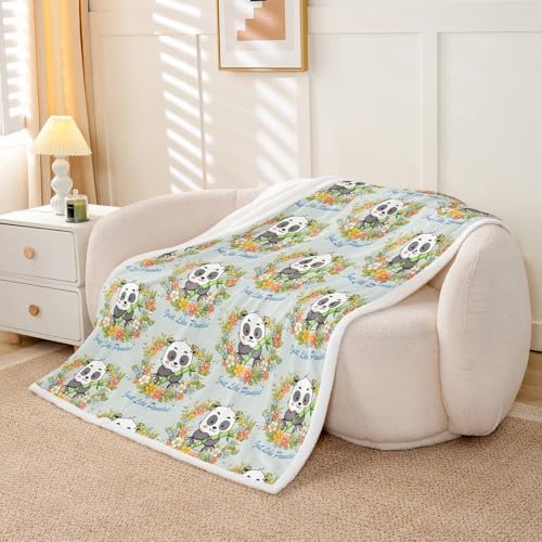 Cute Kawaii Panda Sherpa Blanket Cartoon Wild Animal Pandas Throw Blanket Bedroom Living Room Soft Cozy Green Leaves Print Blankets Decor for Bed Couch Sofa Green Black White Flannel Blankets 40"x50" - Image 5