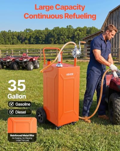 VEVOR 35 Gallon Fuel Gas Caddy, Carbon Steel, Portable Fuel Transfer Storage Tank with Manual Pump & 4 Wheels, Gasoline Diesel Can Container, for Cars, Lawn Mowers, ATVs, Boats, Motorcycles, Orange - Image 2