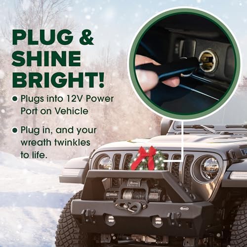 TACTIK Christmas Car Decoration - Car Christmas Wreath - 2025 Light-Up Christmas Wreath for Vehicle Grill - Fits Jeeps Trucks SUVs RVs Golf Carts and More - 12-Volt Plug-in Wreath Lighting - Image 6