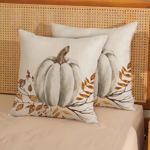 Fall Pillow Covers 18x18 Set of 2 White Pumpkin Leaf Branch Fall Decor Pillowcase Autumn Harvest Thanksgiving Decorative Outdoor Throw Pillow Covers Linen Farmhouse Cushion Case for Couch Home - Image 2