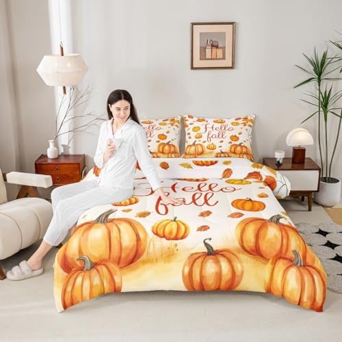 Erosebridal Fall Bedding Comforter Sets for Boys Girls Thanksgiving Gifts Bedding Autumn Harvest Comforter Set Bedroom Decor, Golden Pumpkin Decor Duvet Insert with 2 Pillowcases, Queen - Image 5