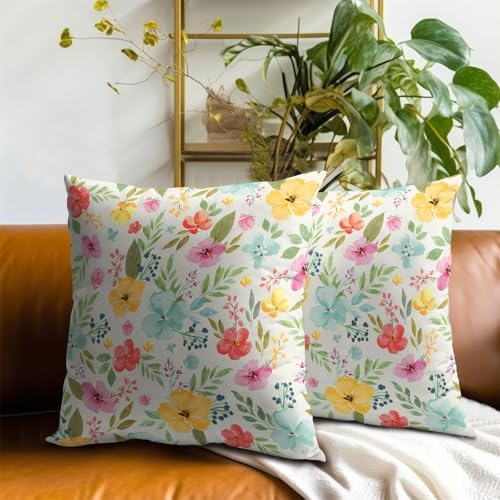 Sweetshow Spring Watercolor Flowers Throw Pillow Covers 16X16 Inches Set of 2 Colorful Floral Green Leaves Pillowcase Soft Cotton Square Seasonal Cushion Covers for Living Room Sofa Bedroom Decor - Image 7