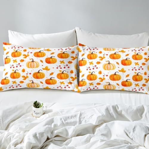 Erosebridal Fall Pumpkin Comforter Set Thanksgiving Pumpkin Decorations Bedding King Size Autumn Fall Maple Leaf Comforter Harvest Season Fruit Decor for Kids Rustic Farmhouse Bed Set 2 Pillowcases - Image 7