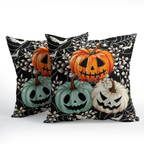 Halloween Pumpkin Throw Pillow Covers 20x20 Set of 2 Black Spider Web Bat - Image 3