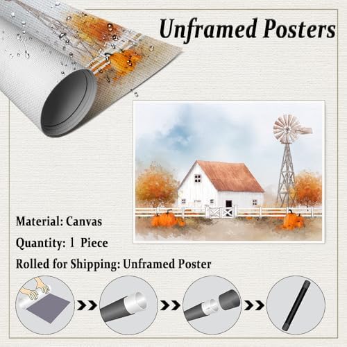 White Barn with Pumpkins Wall Art – Autumn Farmhouse Landscape Poster,Rustic Fall Windmill Canvas Print for Entryway or Thanksgiving Dining Room Decor 20x30in Unframed - Image 2