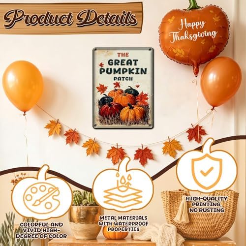 Happy Thanksgiving Vintage Tin Sign The Great Pumpkin Patch Metal Wall Decoration for Living Room Shop Office Mall Diner 12x16Inch - Image 3