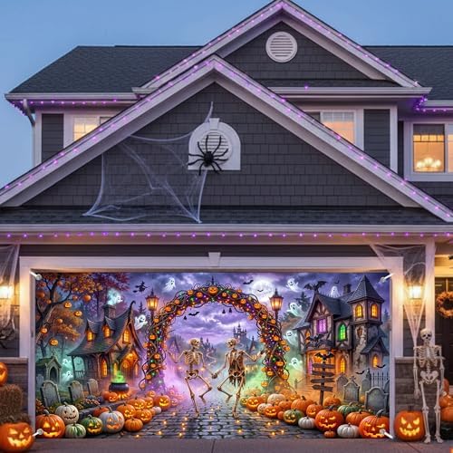 Halloween Garage Door Cover 16x7ft 2 Car Skeleton Pumpkin Arch Ghost Decor - Image 7