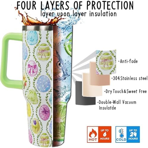 Easter Tumbler 40oz Spring Easter Egg Coffee Mugs Leak Proof Cups with Handle and Straw Stainless Steel Vacuum Insulated Water Bottle Easter Gifts Spring Decor (1PCS) - Image 5