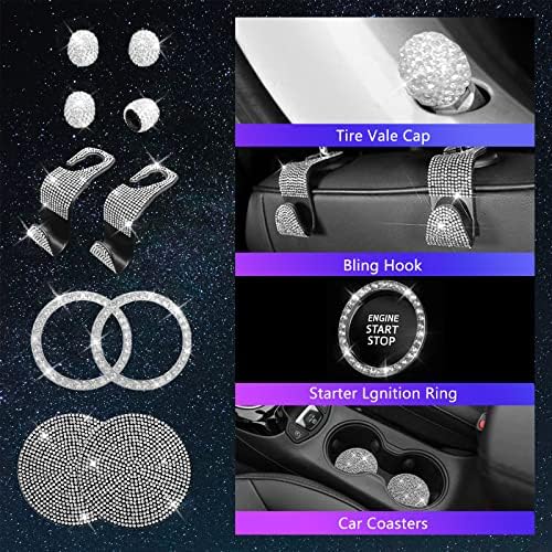 25PCS Bling Car Car Accessories Set,15 Inch Steering Wheel Cover,Shiny License Plate Frame,Center Console Cover and Rearview Mirror Set and Other Car Accessories(White) - Image 4