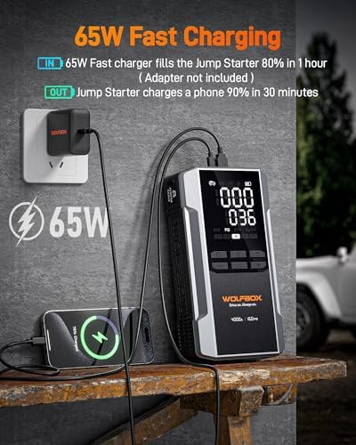 WOLFBOX MV24A 4000A Jump Starter with 160PSI Air Compressor, 12V Car Battery Booster, 88.8Wh Portable Jump Box (10L Gas/10L Diesel) with 65W Fast Charging, Tire Inflator, Jumper Cables, LED Light - Image 5