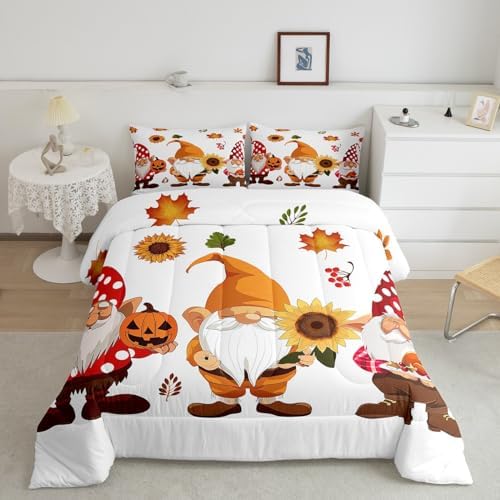 Kids Fall Comforter Set for Boys Girls Autumn Pumpkin Bedding Queen for Teens Youth, Happy Thanksgiving Bedding Comforter Sets Gnome Farmhouse Fall Decor Quilt with 2 Pillowcases, Breathable Soft - Image 2