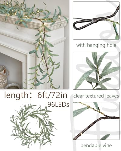 Fudios Lighted Olive Garland Battery Operated with Timer 96 LED Fairy Lights 6ft, Mantle Fireplace Vine Garland with Lights for Spring Easter Decoration Christmas Valentines Wedding Party - Image 2