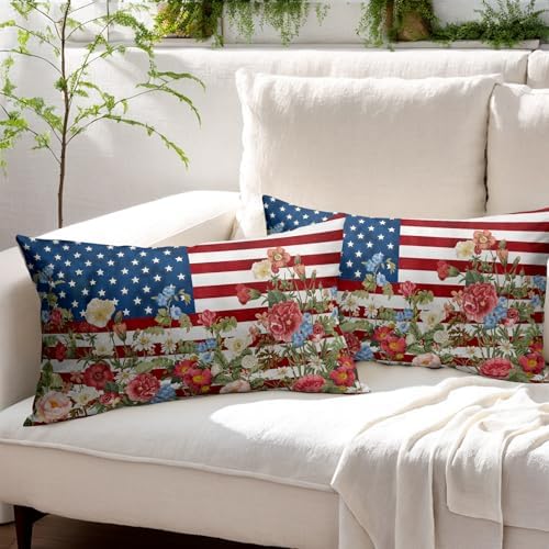 4th of July Pillow Covers 12x20 Set of 2, Patriotic Throw Pillow Covers Independence Memorial Day Pillowcase, Summer Floral Decorative Fourth of July Cushion Case Couch for Indoor Outdoor Home Decor - Image 3