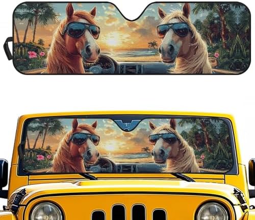 Renewold Automotive Windshield Sunshade, Foldable Car Front Window Sun Shade, Blocks Heat UV Rays Sunlight Sun Visor, Keep Cool Shield Cover, Funny Horse Driving, for Jeep Wrangler JK JL Gladiator JT