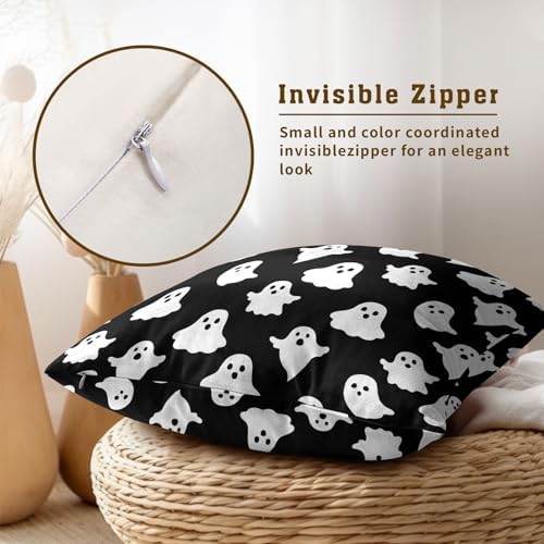 Happy Halloween Throw Pillow Covers 22X22 Inches Set of 2 White Cute Ghost Spooky Black Pillowcase Soft Cotton Square Cushion Covers for Home Sofa Bedroom Decoration - Image 4