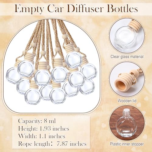 Boao 50 Sets Hanging Car Air Freshener Diffuser Bottles with 2 x 3.54 Inch Car Diffuser Instructions Cards for Empty Essential Oil Bottles(White Card,Round)