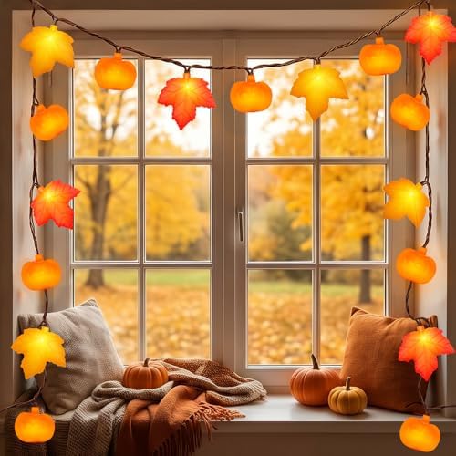 Fall Decor - 12Ft 20 LED Maple Leaf Pumpkin String Lights Plug in, 3D Fall String Lights Orange Yellow Leaves & Pumpkin Lights for Indoor Outdoor Home Autumn Decor & Thanksgiving Decorations, 0.07W - Image 3