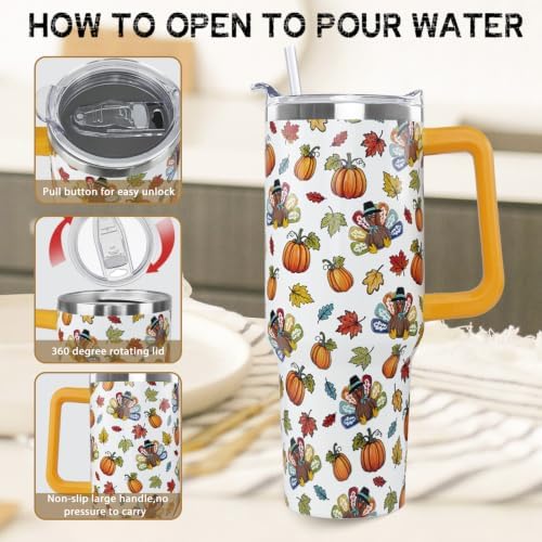 Thanksgiving Tumbler 40 oz Fall Cute Turkey Pumpkin Coffee Travel Mug Stainless Steel Insulated Cups Fall Water Bottle Thanksgiving Decor Gifts for Women - Image 5