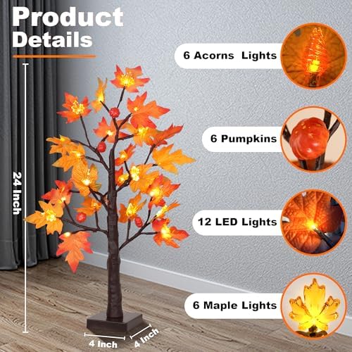Fall Decor 2 Pack 24 Inch Lighted Maple Tree with 48 LED & Timer, Battery Operated Artificial Autumn Tabletop Tree with Acorns Maple Indoor Fall Decorations for Home, Thanksgiving Table Decor - Image 3
