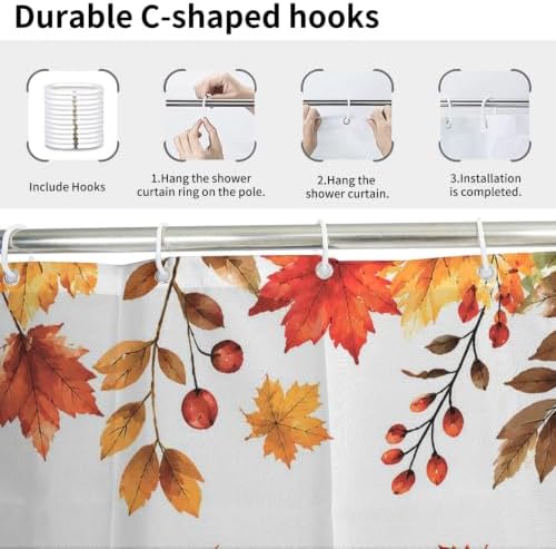 Turkey Shower Curtain, Fall Autumn Thanksgiving Day Pumpkins Maple Leaves Sunflower Harvest Bathroom Curtain for Home Decor Waterproof Fabric Machine Washable with 12 PCS Hooks,72" Wx84 L - Image 6
