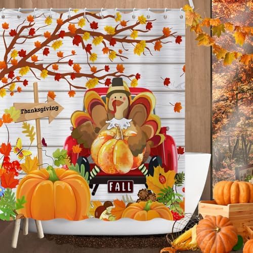 Thanksgiving Day Turkey Shower Curtain, Fall Autumn Harvest Pumpkins Red Truck Maple Trees Rustic Wooden Bathroom Curtain Waterproof Fabric Machine Washable with Hooks, 36" Wx72 L - Image 3