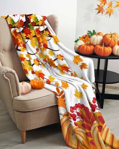 DecorLovee Orange Pumpkins Fall Blanket 40"x60", Reversible Thanksgiving Botanical Throw Blanket for Couch/Bed, Maple Leaf Lightweight Soft Throw Blanket for Boys, Warm Fuzzy Blankets for Winter - Image 3
