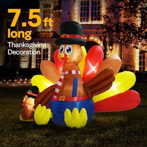 VIVOHOME 7.5ft Long Thanksgiving Inflatable LED Lighted Turkey with Chick - Image 2