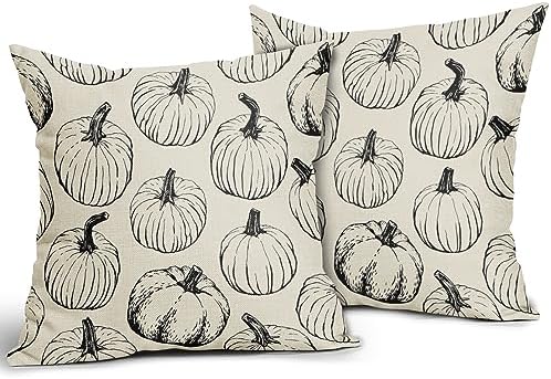 Fall Pillow Covers 18x18 Set of 2 Balck Pumpkin Autumn Themed Thanksgiving Harvest Print Decorative Throw Pillows Outdoor Pillowcase Farmhouse Linen Cushion Case Decor for Sofa Couch Bed - Image 2